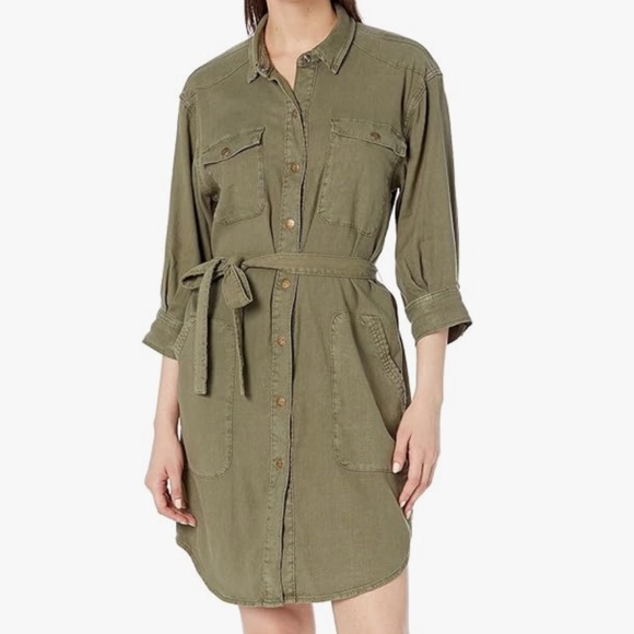 Current/Elliott Destiny Utility Button Down Dress with Belt in Basil Green